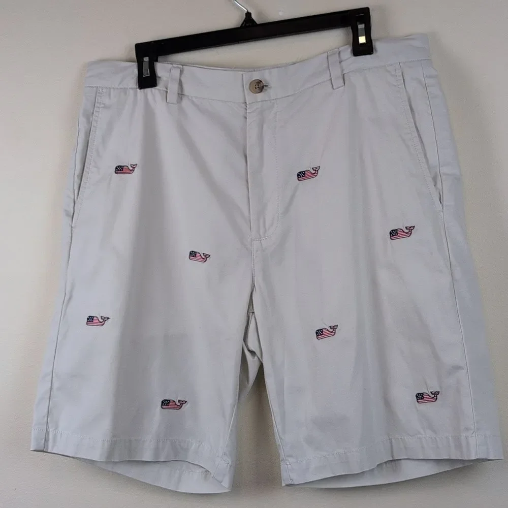 Vineyard Vines Cotton Breaker Short Embroidered American Flag Whales Size 35